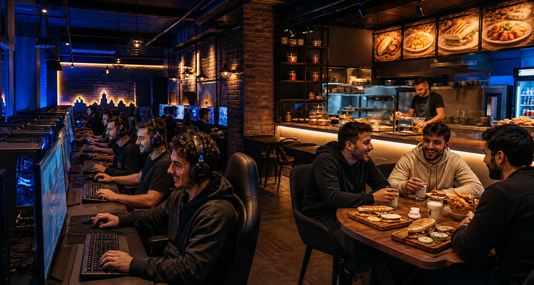 Lively Eskişehir cyber cafe with PC stations and a warm food counter