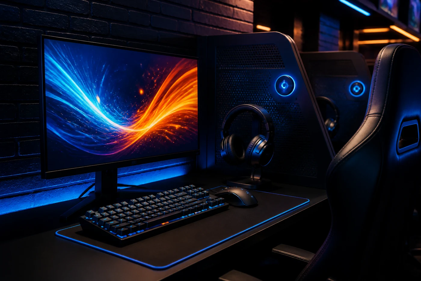 Clean high-refresh PC station in a blue and orange cyber cafe