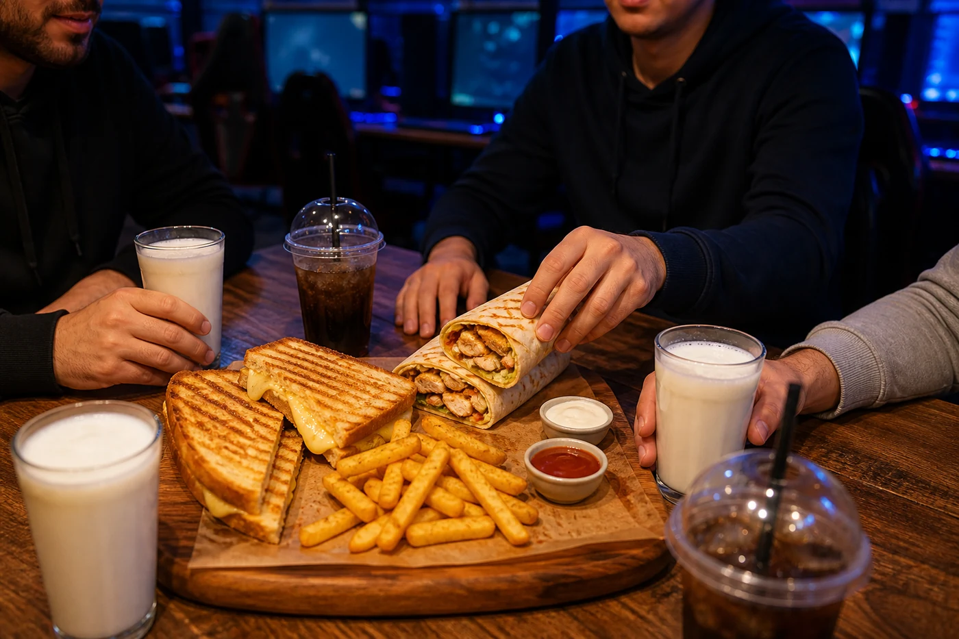Adult friends sharing toasted sandwiches wraps fries and ayran